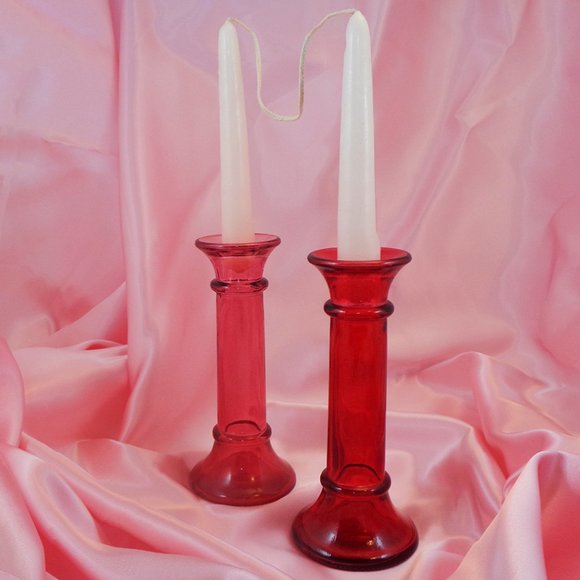 SOLD Two Red Indiana Glass Bud Vases/Candle Holders - Picture 2 of 5